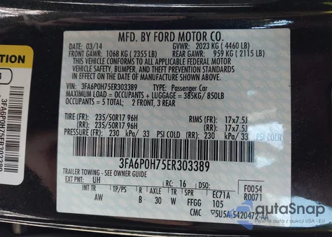 2014 Ford Fusion Se from USA, damaged, VIN 3FA6P0H75ER303389